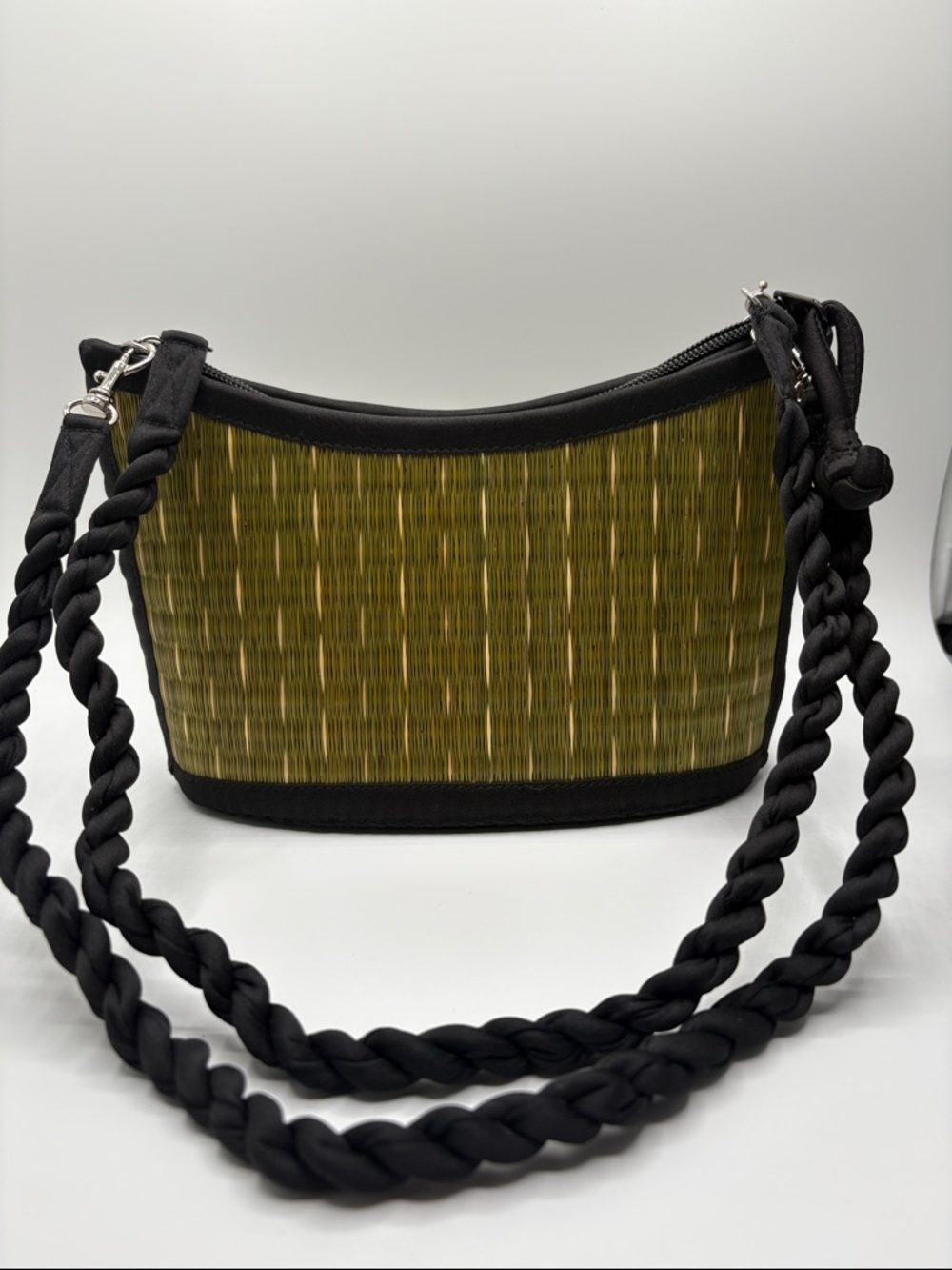 Olive Green Woven Shoulder Bag with Black Accents
